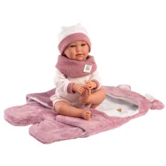 Llorens: Mimi, păpușă plângătoare de 42 cm cu sac de dormit roz cu urechi de ursuleț. imaginea 3