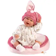 Llorens: Mimi, păpușă zâmbitoare de 42 cm cu urechi de iepuraș și căciulă roz, cu pernă