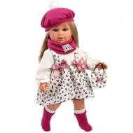 Llorens: Păpușa Carla de 40 cm cu căciulă roz și poșetă la modă.