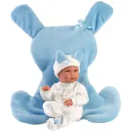 Llorens: Păpușă de 35 cm cu sac de dormit albastru cu iepurași.