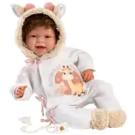 Llorens: Păpușă nou-născută Tala Sonrisas de 44 cm cu sunet, îmbrăcată în haine cu girafe.