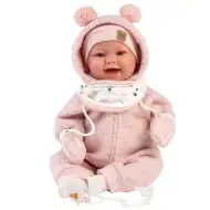 Llorens: Păpușă nou-născută Tala Sonrisas de 44 cm cu sunete, în salopetă roz.