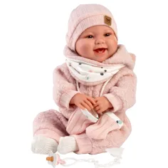 Llorens: Păpușă nou-născută Tala Sonrisas de 44 cm cu sunete, în salopetă roz. imaginea 4