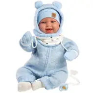 Llorens: Păpușă nou-născută de 44 cm cu sunet, îmbrăcată în haine cu glugă albastră.
