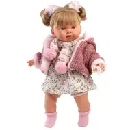 Llorens: Păpușa plângătoare Alexandra de 42 cm cu suzetă, îmbrăcată într-o jachetă roz tricotată și fustă cu flori.