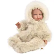 Llorens: Păpușă plângătoare Alicia de 45 cm cu suzetă și haină de catifea.