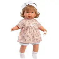 Llorens: Păpușă plângătoare Carla de 42 cm în rochie cu flori și bentiță.