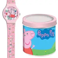 Luna: Ceas analog roz cu Peppa Pig, în cutie metalică cadou