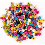 PlayBox: Mărgele de lemn colorate în formă de cilindru, de diferite dimensiuni, pachet de 300 bucăți.