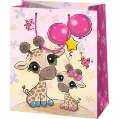 Pungă de cadou exclusivă, de dimensiune medie, cu imprimeu cu girafe 18x23x10cm