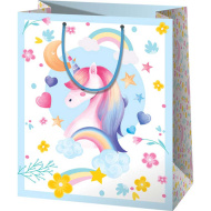 Pungă de cadou mărime normală cu unicorni în culorile curcubeului 11x6x14 cm