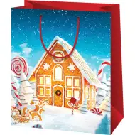 Pungă de cadou medie cu model gingerbread house 18x10x23cm