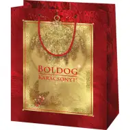 Sac de cadou exclusiv, de dimensiuni mari, de culoare aurie-roșie, cu inscripția "Boldog Karácsonyt", 27x14x33cm.