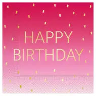 Șervețel de hârtie cu două straturi, de culoare roz, inscripționat cu "Happy Birthday", pachet de 20 bucăți.