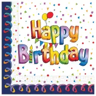 Șervețele de hârtie cu inscripția "Happy Birthday" curcubeu, pachet de 20 bucăți.