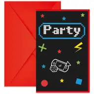 Set de 6 invitații de petrecere cu tematică de gamer, cu plicuri incluse.