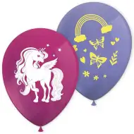 Set de 8 baloane mov-roz cu model de unicorn curcubeu