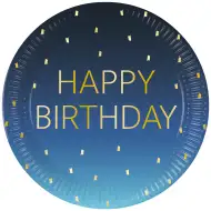 Set de 8 farfurii de hârtie albastre cu inscripția "Happy Birthday", 23 cm