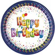 Set de 8 farfurii de hârtie colorate cu inscripția "Happy Birthday", 20 cm.