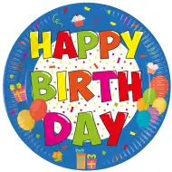 Set de 8 farfurii de hârtie colorate și vesele cu inscripția "Happy Birthday"
