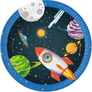 Set de 8 farfurii de hârtie cu model de planete și rachete pentru aventuri spațiale.