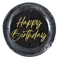 Set de 8 farfurii de hârtie elegante, de culoare negru-auriu, cu inscripția "Happy Birthday", 23 cm