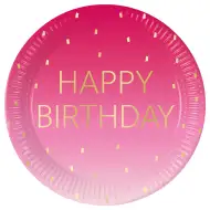 Set de 8 farfurii de hârtie roz cu inscripția "Happy Birthday", 23 cm