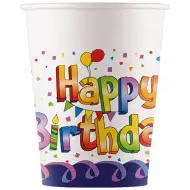 Set de 8 pahare de hârtie cu inscripția "Happy Birthday" curcubeu, 200ml