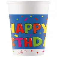 Set de 8 pahare de hârtie cu inscripția "Happy Birthday" pe fundal alb-albastru, 200ml