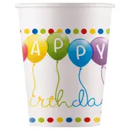 Set de 8 pahare de hârtie de 200 ml cu inscripția "Happy Birthday" și baloane colorate.
