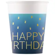 Set de 8 pahare de hârtie de culoare albastră cu inscripția "Happy Birthday", 200ml