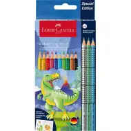 Set de creioane colorate Faber-Castell Grip cu dinozauri, pachet de 10+3 bucăți.