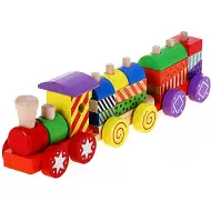 Trenuleţ colorat din lemn cu elemente de construcţii
