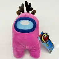 Un pluș Among Us de culoare roz cu coarne de ren, 20 cm.