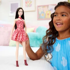Barbie: Fashionista Prietene cu păr brunet, păpușă de modă stilată în rochie cu model de leopard – Mattel imaginea 5