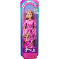 Barbie: Fashionista prietene păpușă la modă cu rochie roz cu model de eșarfă - Mattel
