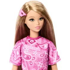 Barbie: Fashionista Prietene stilate păpușă de modă cu rochie roz cu model de fular - Mattel imaginea 3