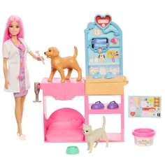 Set de joacă Barbie – clinică veterinară pentru ghips, cu păpușă cu păr roz - Mattel imaginea 2