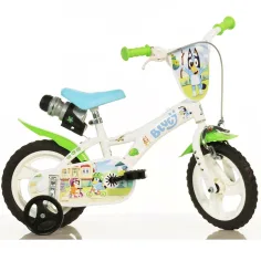 Bluey 12” bicicletă pentru copii cu suport pentru sticlă și roți laterale de culoare albă-albastră-verde – Dino Bikes bicicletă