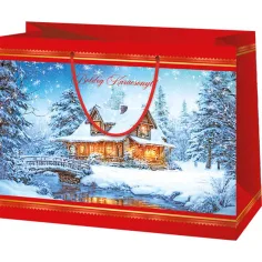 Crăciun Fericit geantă de cadou medie cu model de căsuță 18x23x10cm