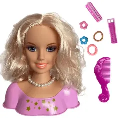 Cap de păpușă cu păr lung și blond pieptănabil cu colier de perle si accesorii imaginea 2