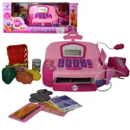 Casă de marcat de culoare roz cu microfon, bani de jucărie și sunete