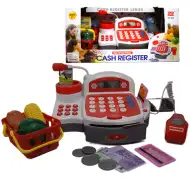 Casă de marcat electronică funcțională roșu cu bani de jucărie, produse și sunete