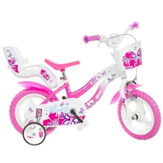 Bicicletă pentru copii Flappy 12” cu coș și scaun pentru păpuși, culoare roz-alb - bicicletă Dino Bikes