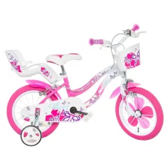 Flappy 14” bicicletă pentru copii cu coș și scaun pentru păpuși roz-alb – Dino Bikes bicicletă