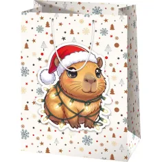 Geantă de cadou uriașă cu model de capybara cu pălărie de Crăciun 33x15x44,5cm imaginea 1