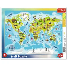 Hartă a lumii cu animale 25 de piese puzzle cu ramă - Trefl