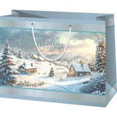 Sac de cadou mare cu model peisaj de iarnă Merry Christmas 26x13x33cm
