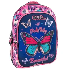 Must: Rucsac școlar cu model de fluturi, trei compartimente 32x18x43cm