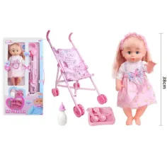 Păpușă cu păr blond, cărucior, sticlă set imaginea 2